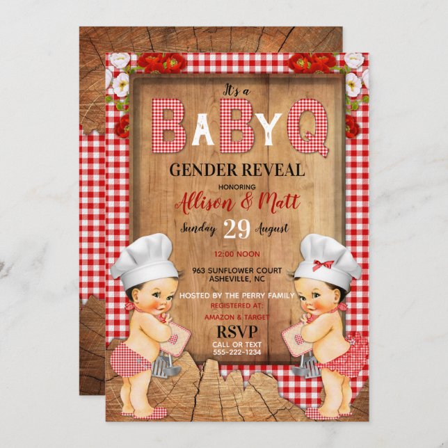 Gender Reveal Red Gingham Wood Baby Q Barbecue Einladung (Vorne/Hinten)