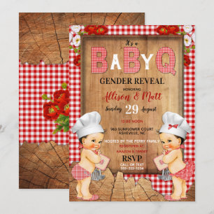 Gender Reveal Red Gingham Wood Baby Q Barbecue Einladung