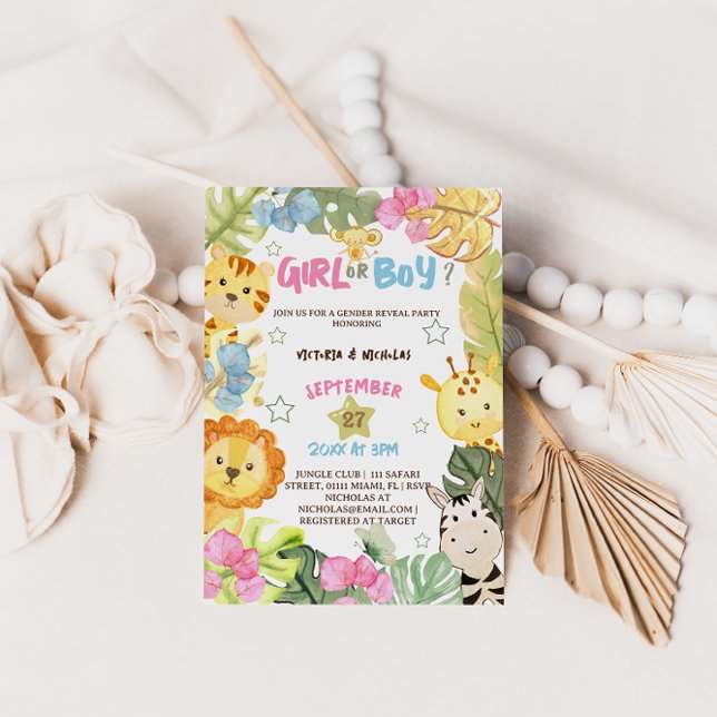 Gender Reveal Safari Jungle Animal Tropical Einladung (Von Creator hochgeladen)