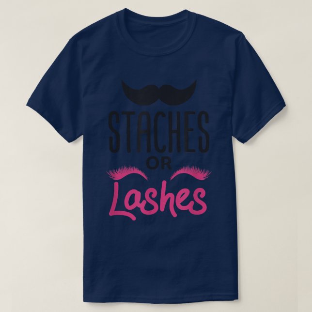 Gender Reveal Staches oder Lashes Baby Shower T-Shirt (Design vorne)
