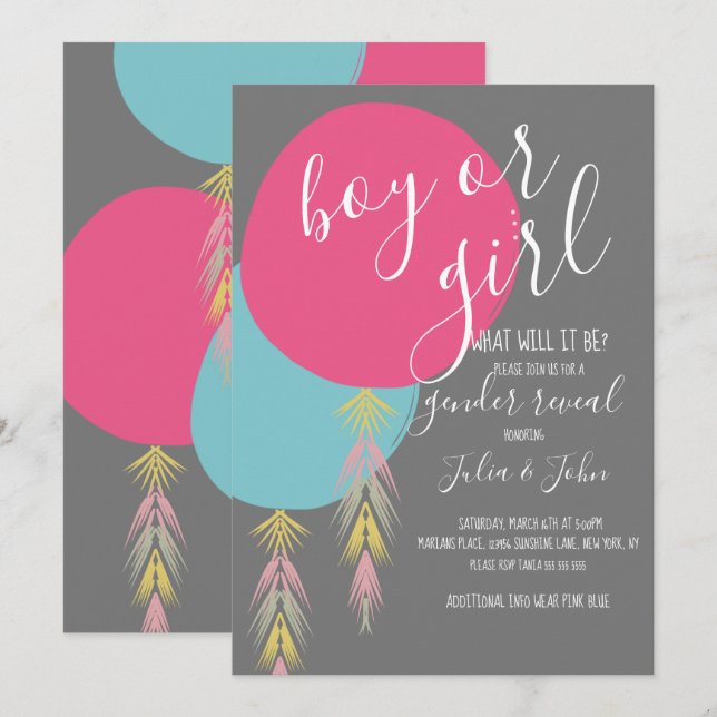 Gender Reveal Tassel Boho Ballon Einladung (Vorne/Hinten)