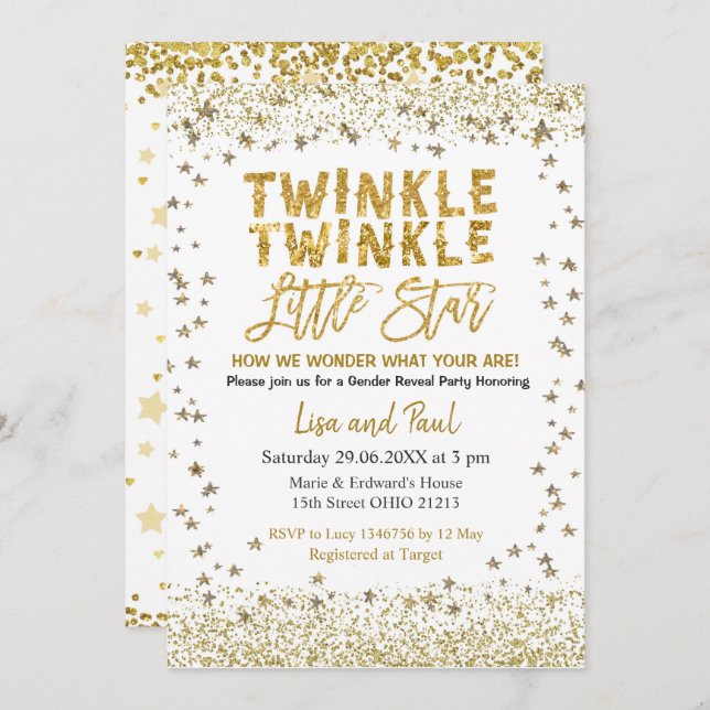 Gender Reveal Twinkle Little Star Baby Shower Einladung (Vorne/Hinten)