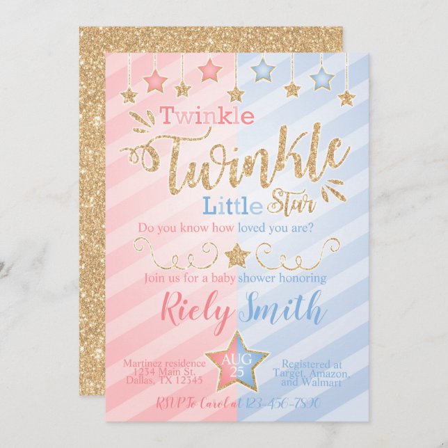 Gender Reveal Twinkle Little Star Baby Shower Einladung (Vorne/Hinten)