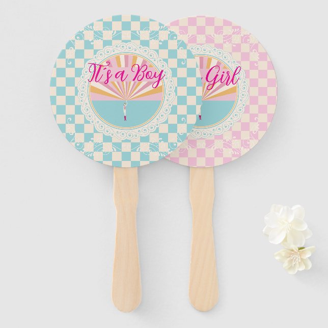 Gender Reveal Two-Sided Blue-Pink Plaid Checkered Fächer (Vorne und Hinten)