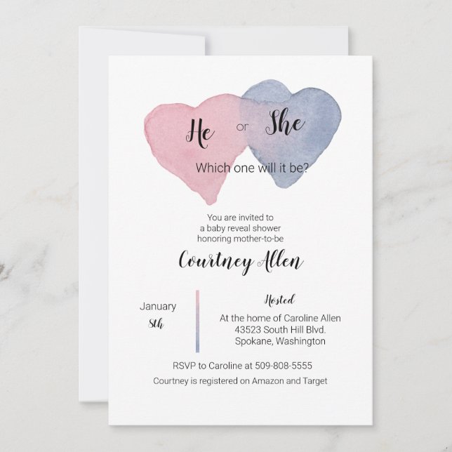 Gender Reveal Watercolor Heart Baby Shower Einladu (Vorderseite)