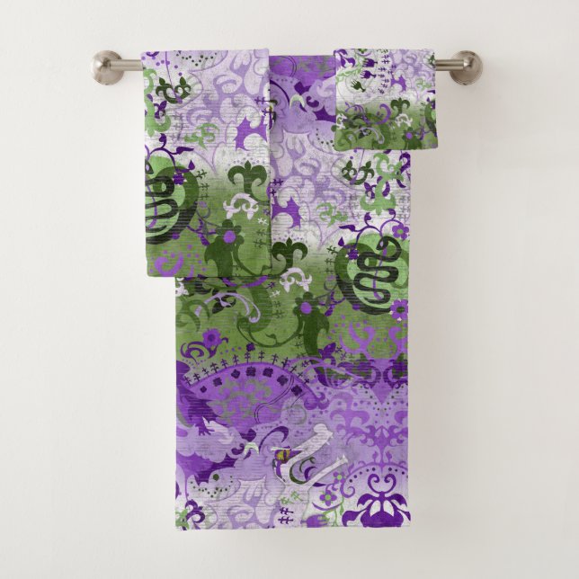 Genderqueer Dragon Damask - Genderqueer Pride Flag Badhandtuch Set (Insitu)