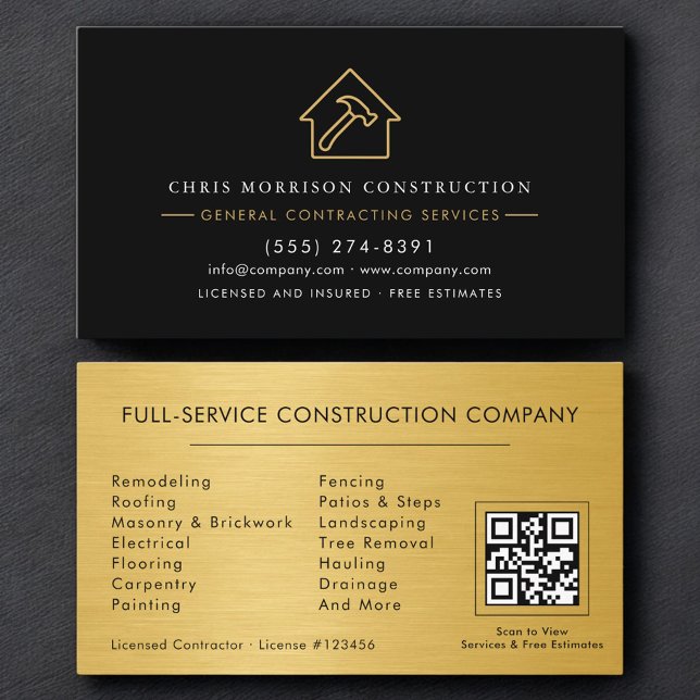 General Contractor Metallic Gold & Black QR Code Visitenkarte (Von Creator hochgeladen)