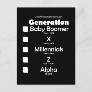 Generationen Baby Boomer, X, Y, Millennials, Z, Al Postkarte