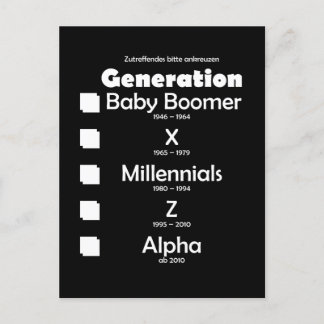 Generationen Baby Boomer, X, Y, Millennials, Z, Al Postkarte