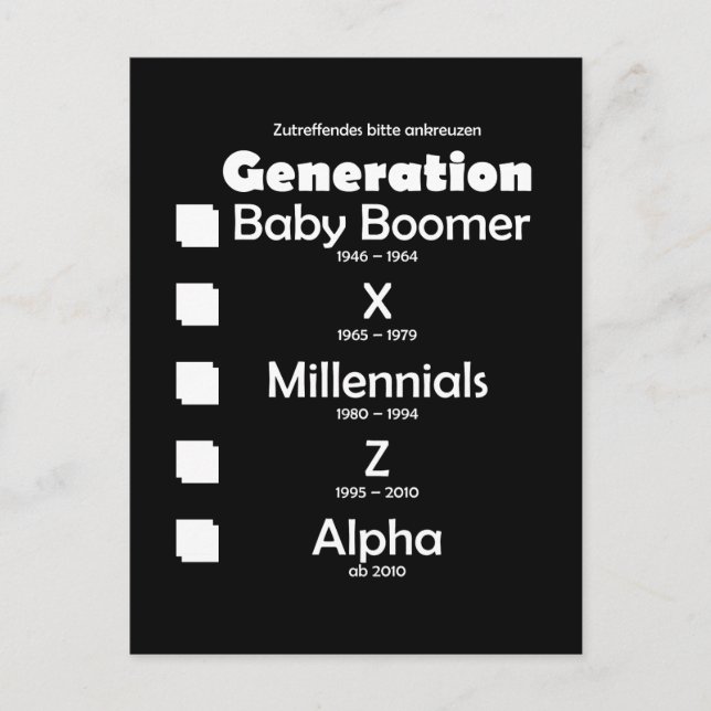Generationen Baby Boomer, X, Y, Millennials, Z, Al Postkarte (Vorderseite)