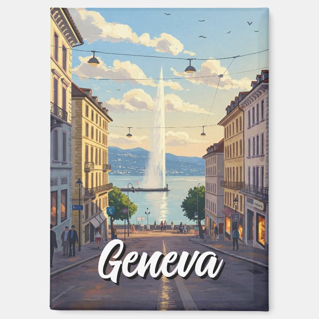 Geneva Street Switzerland Travel Jet d'eau Sunset Magnet (Vorderseite)