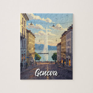 Geneva Street Switzerland Travel Jet d'eau Sunset Puzzle