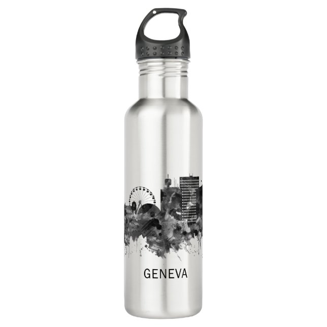Genfer Schweiz Skyline BW Edelstahlflasche (Vorderseite)