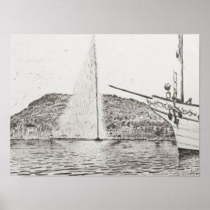 Genfer Springbrunnen und Bow des Vergnügens Boat 2 Poster