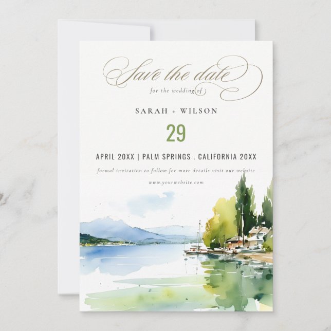 Genfersee Schweiz Aquarell-Landschaft Hochzeit Save The Date (Vorderseite)