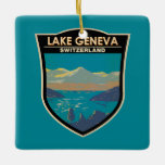Genfersee Schweiz Reisen Vintag Keramikornament<br><div class="desc">Genfersee auf der Schweizer Seite Vektorgrafik Design. Der Genfer See (Lac Léman) ist ein halbmondförmiger See,  der von Frankreich und der Schweiz geteilt wird und von den Alpen übersehen wird.</div>