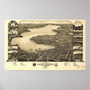 Genfersee WI 1882 Antique Panoramablick Karte Poster