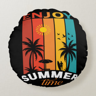 Genießen Sie das Retro-Strand-T-Shirt für den Somm Rundes Kissen