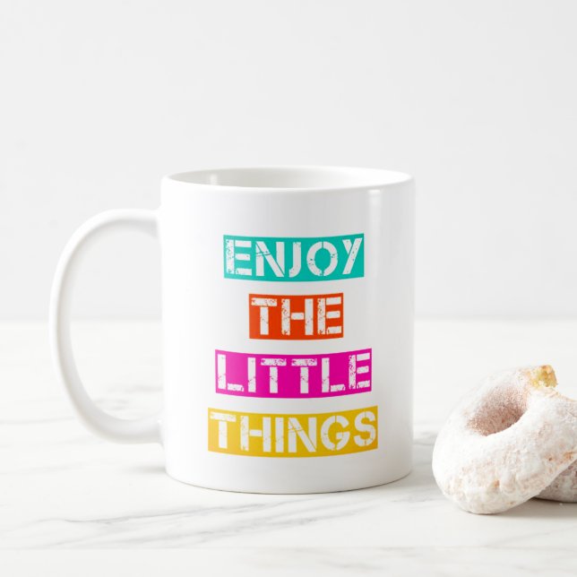 Genießen Sie die Kleinen Dinge - farbenfrohe Retro Kaffeetasse (Mit Donut)