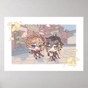 Genshin Impact Chibi A Date Childe und Zhongli Poster