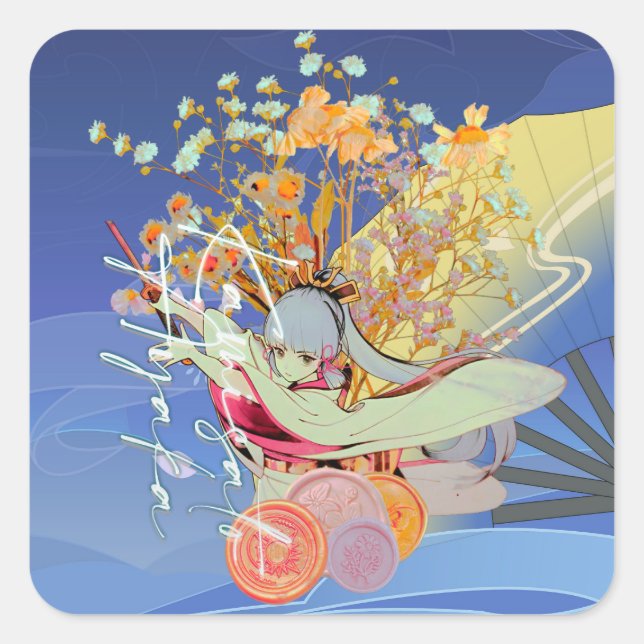 Genshin Impact Kamisato Ayaka Flores Desenho Anime Quadratischer Aufkleber (Vorderseite)
