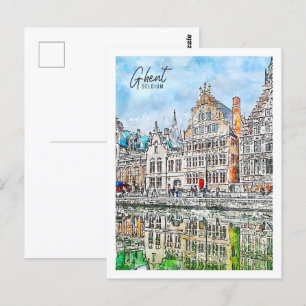 Gent Belgien Reiseort Wasserfarbe Postkarte