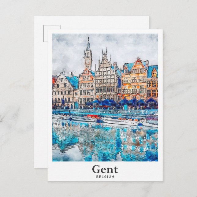 Gent Belgium Reisen Wasserfarbenhandzeichnung Postkarte (Vorne/Hinten)