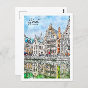 Gent Belgium Travel Place Watercolor Postkarte