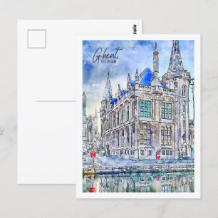 Gent Belgium Travel Place Watercolor Postkarte
