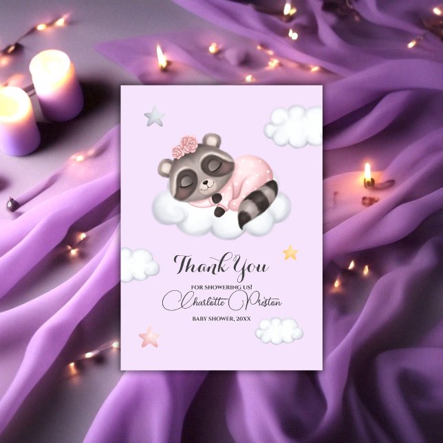 Gentle Baby Girl Raccoon Lilac Baby Dusche Dankeskarte (Gentle Baby Raccoon Animal Girl Baby Shower Thank You Card)