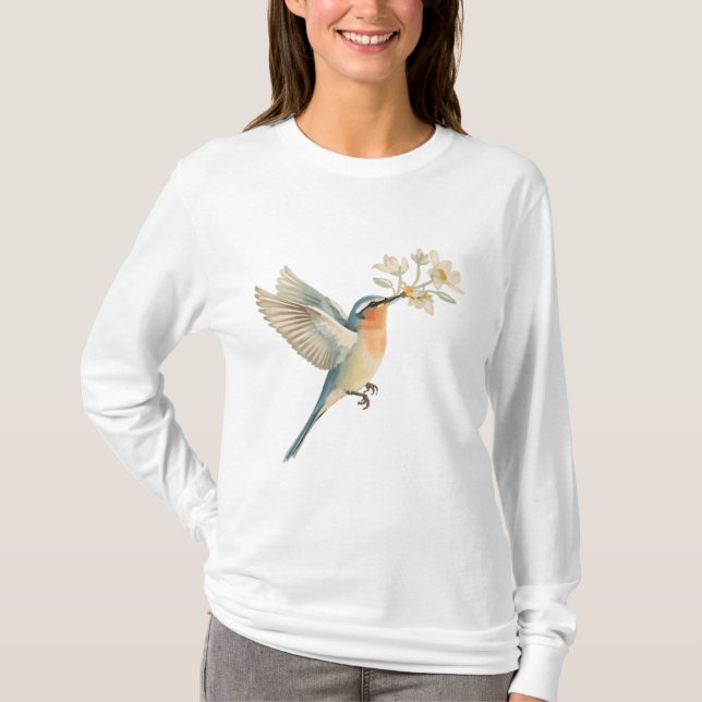 Gentle Bird Offering Flowers Watercolor Tee (Vorderseite)