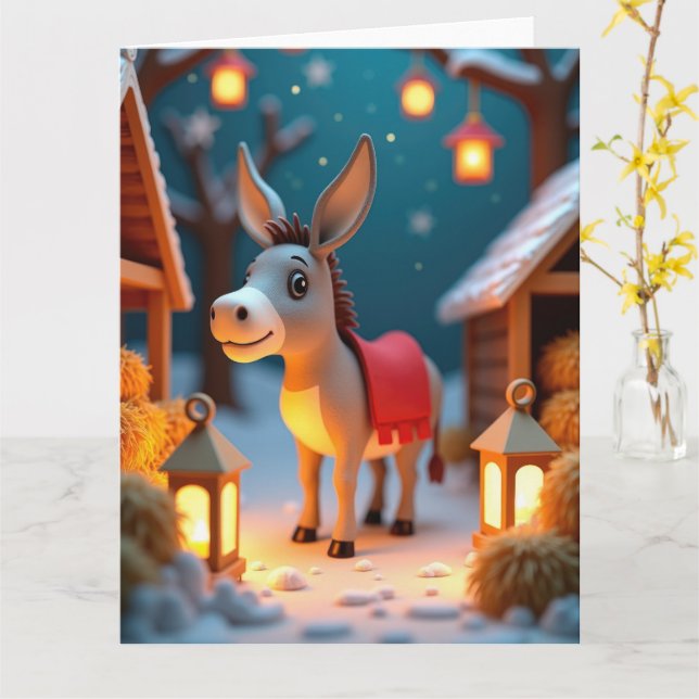 Gentle Donkey in Snowy Nativity Weihnachtslandscha Karte (Gelbe Blume)