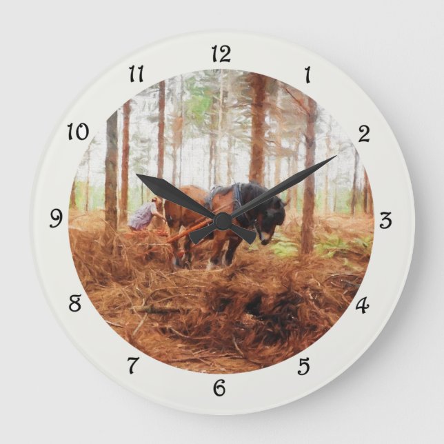 Gentle Giant - Entwurf von Hauling Logs für Pferde Große Wanduhr (Vorderseite)