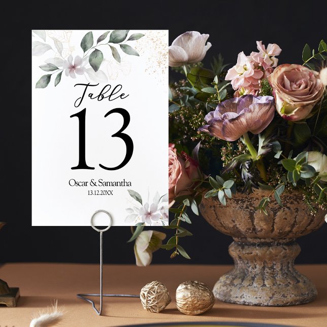 Gentle Greenery Watercolor Leaf & Blume | Gold Tischnummer (Von Creator hochgeladen)