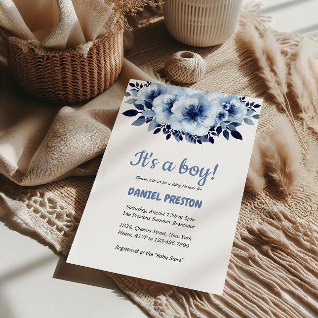 Gentle Light Blue Blume Watercolor Babydusche Einladung (Gentle Light Blue Flower Watercolor Baby Shower Invitation)