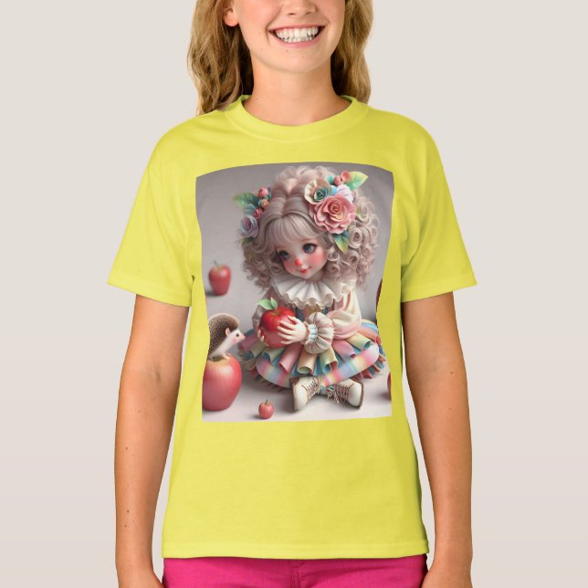 Gentle Little Girl mit Igel und Äpfeln T-Shirt (Vorderseite)