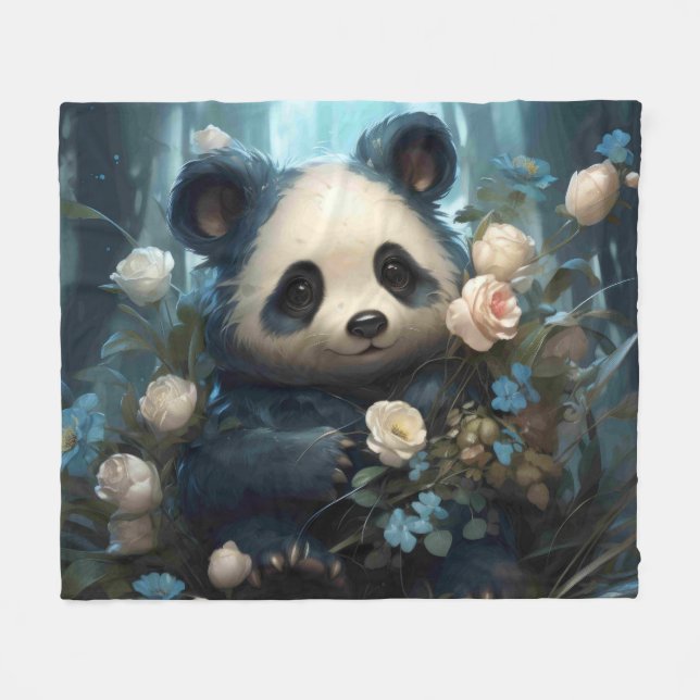 Gentle Panda Bear zwischen Dschungel-Rose Fleecedecke (Vorderseite (Horizontal))