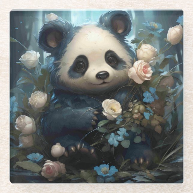 Gentle Panda Bear zwischen Dschungel-Rose Glasuntersetzer (Vorderseite)