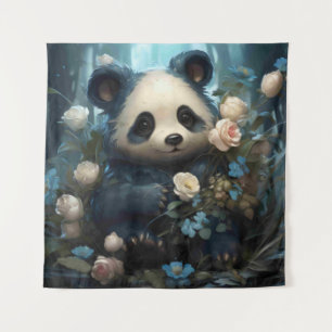 Gentle Panda Bear zwischen Dschungel-Rose Wandteppich