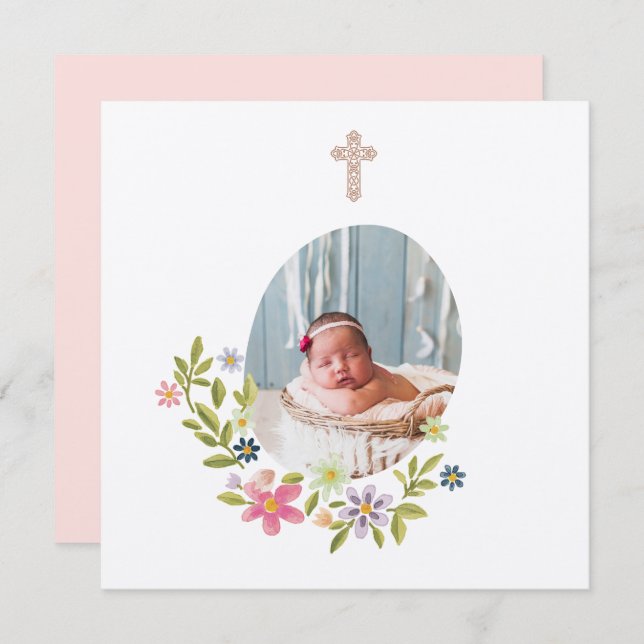 Gentle Pink Floral Baptism  Dankeskarte (Vorne/Hinten)