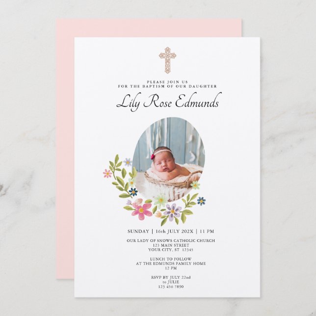 Gentle Pink Floral Baptism Invitation Einladung (Vorne/Hinten)