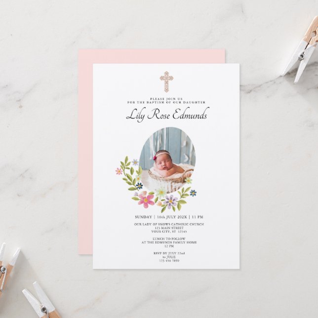 Gentle Pink Floral Baptism Invitation Einladung (Vorderseite/Rückseite Beispiel)