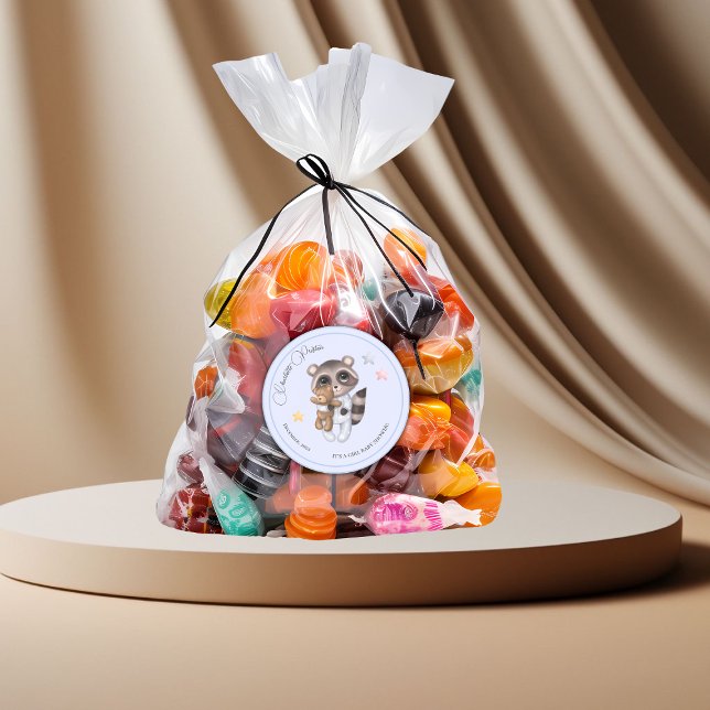 Gentle Raccoon Animal Boy Baby Dusche Runder Aufkleber (Gentle Boy Raccoon Blue Baby Shower Classic Round Sticker)