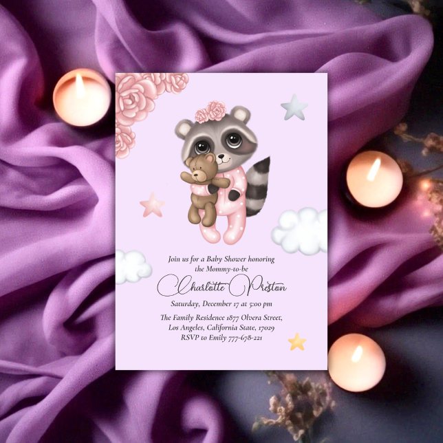 Gentle Raccoon Animal Girl Baby Dusche Einladung (Gentle Raccoon Animal Girl Baby Shower Invitation)