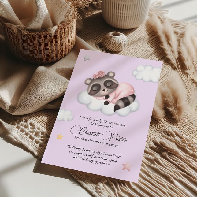Gentle Raccoon Animal Girl Baby Dusche Einladung (Gentle Raccoon Animal Girl Baby Shower Invitation)