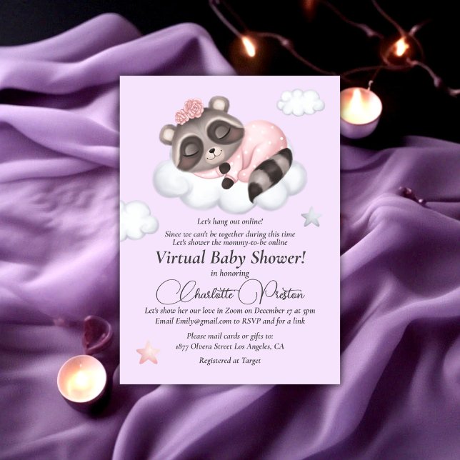 Gentle Raccoon Animal Girl Baby Dusche Virtual Einladung (Gentle Raccoon Animal Girl Baby Shower Virtual Invitation)