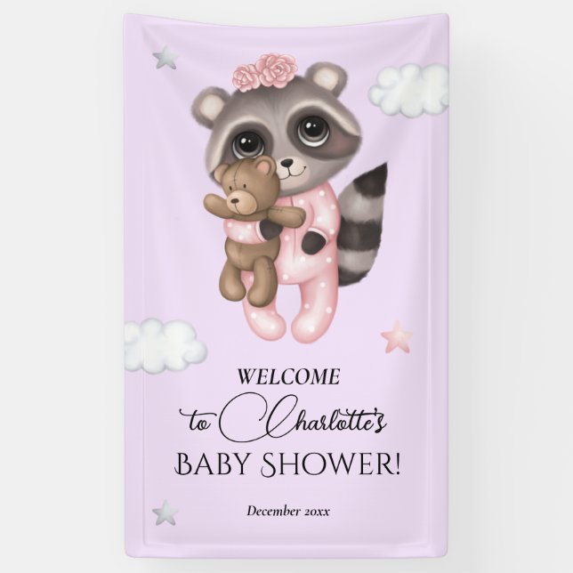 Gentle Raccoon Animal Girl Baby Dusche Willkommen Banner (Vertikal)