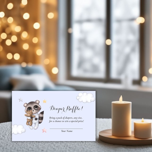 Gentle Raccoon Blue Baby Duschdusche Windelwanne R Begleitkarte (Gentle Raccoon Blue Baby Shower Diaper Raffle Enclosure Card)