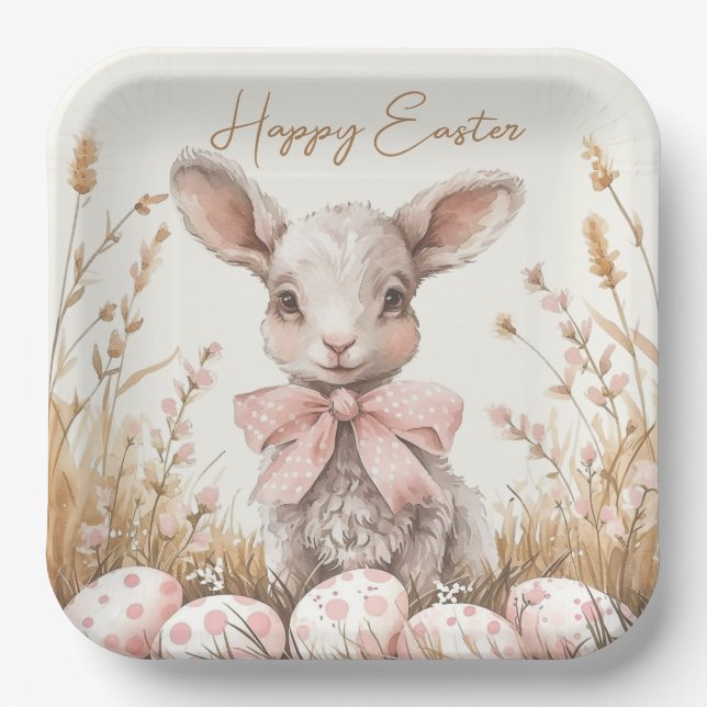 Gentle Spring Lamb & Pastel Easter Egg Hunt Pappteller (Vorderseite)