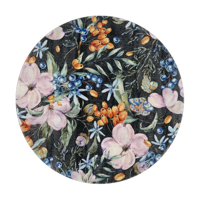 Gentle Watercolor: Rosa Blumenberries Schneidebrett (Vorderseite)